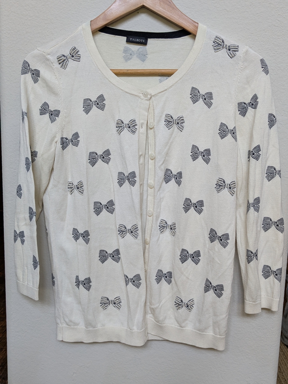 Talbots Cream Beaded Bow-Print Cardigan